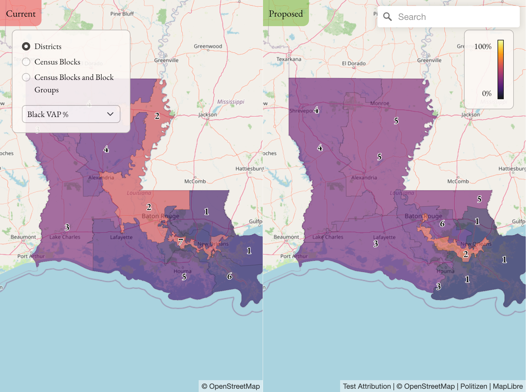 Louisiana redistricting map showing Black voting-age population by district, 2024 vs 2026